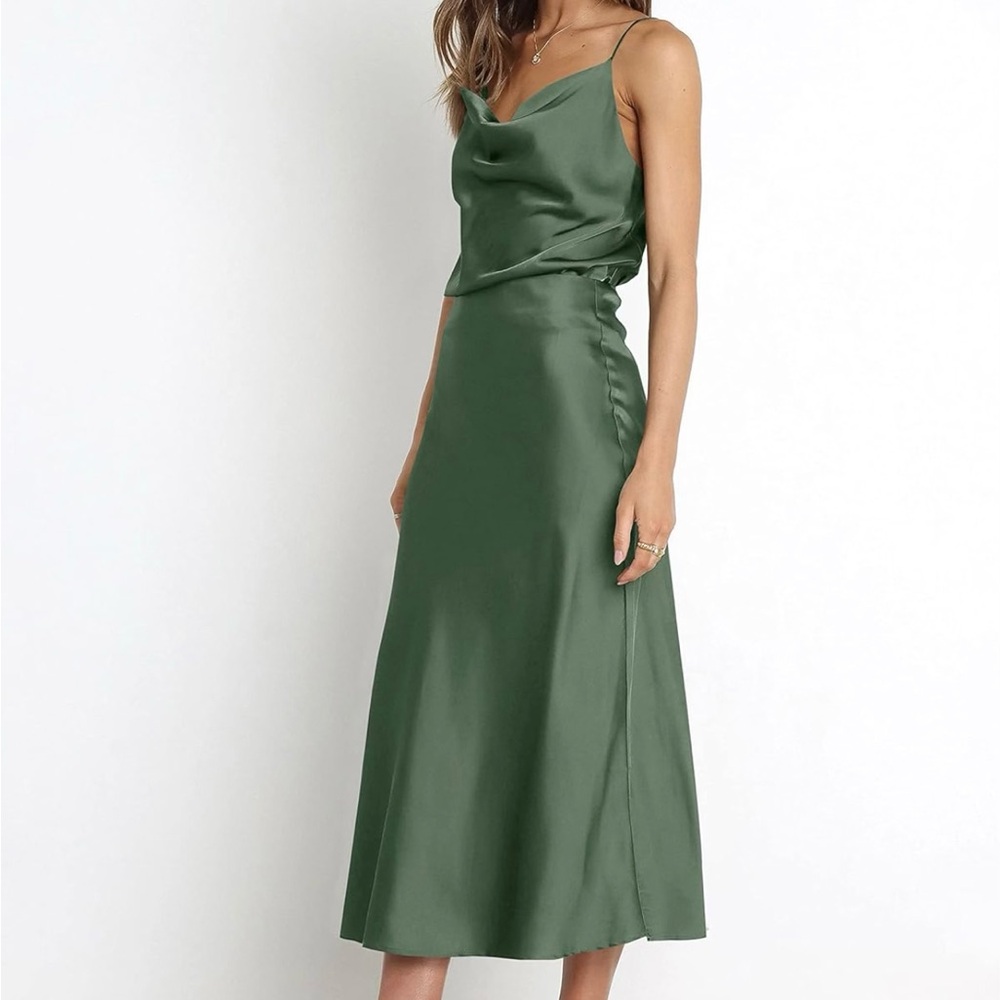 Satin Olive Green Midi Skirt - Women's Elegant Slip Skirt